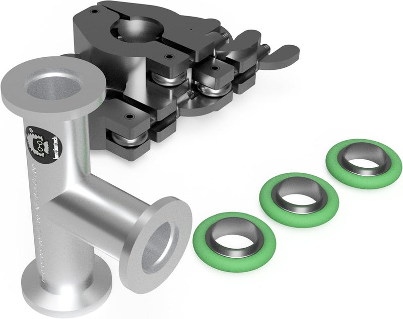 BROWNIAN MOTION TECHNOLOGY bmotiontech superior grade ISO-KF NW16 KF16 Flange Tee Fitting with 3 sets of Aluminum wing nut clamps & O-rings (KF16 Equal TEE w/ 3 clamps) - Image 1